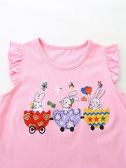 Pink cotton top with ruffled sleeves and bunny train embroidery for girls