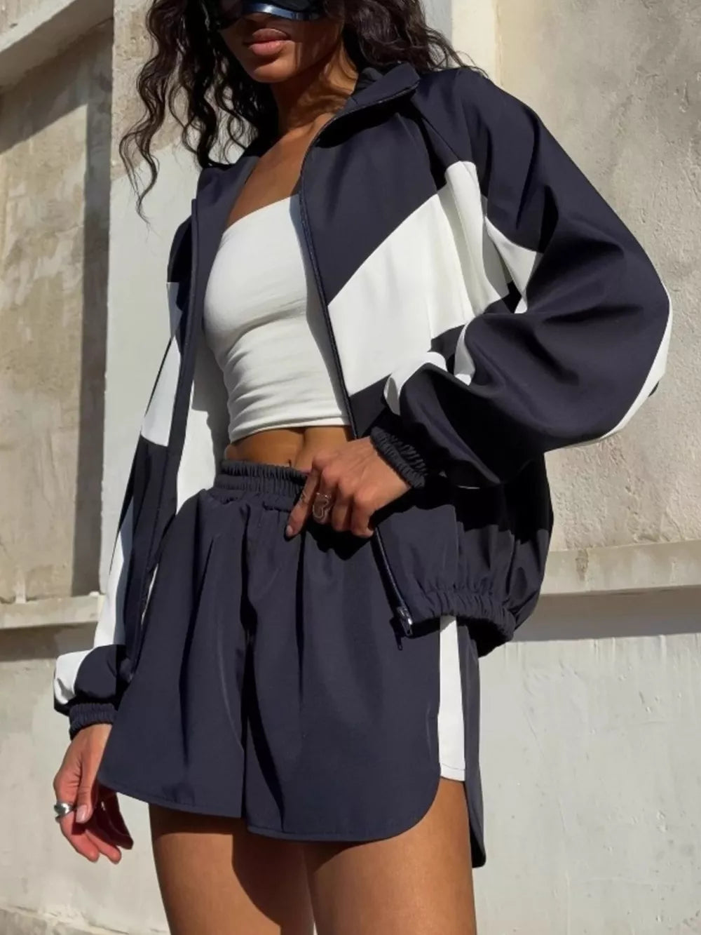 Color Block Zip Up Outerwear And Shorts Set in Green, back view
