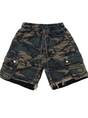 Camo cargo shorts with raw hem and drawstring waist.