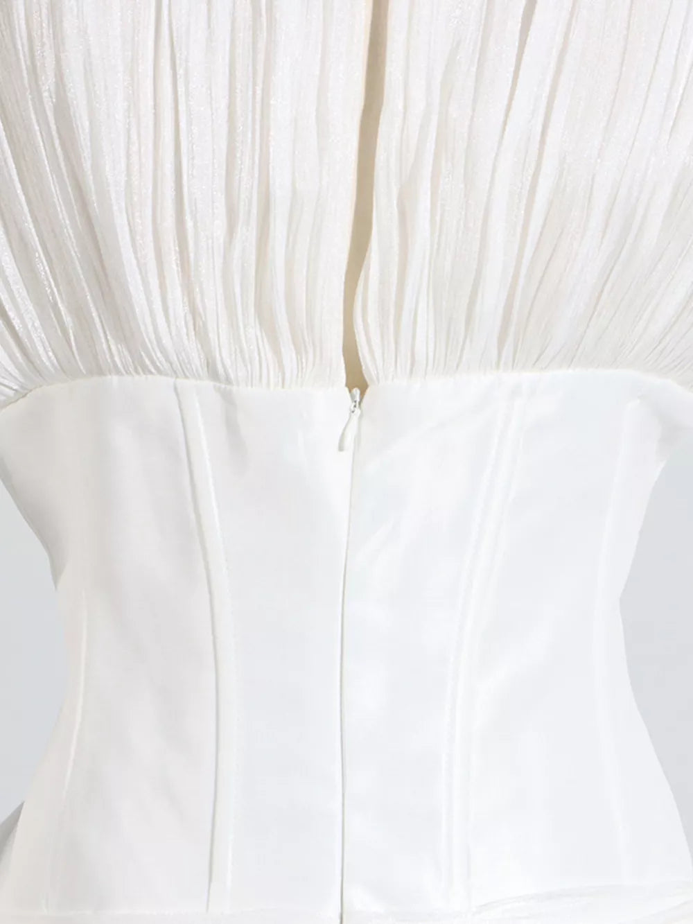 White ruffled mini dress with balloon sleeves, featuring a zipper closure and corset bodice detail.