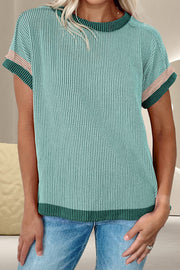 Ribbed tee with colorblock trim in Gum Leaf, Dusty Pink, and Brown.