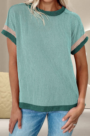 Ribbed tee with colorblock trim in Gum Leaf, Dusty Pink, and Brown.