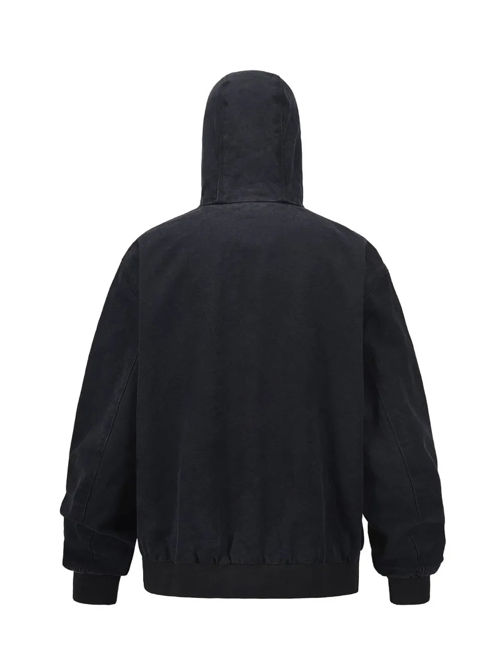 Black washed canvas hoodie jacket with ribbed cuffs and hem