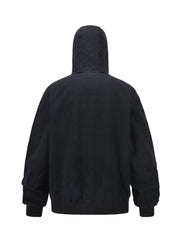 Black washed canvas hoodie jacket with ribbed cuffs and hem