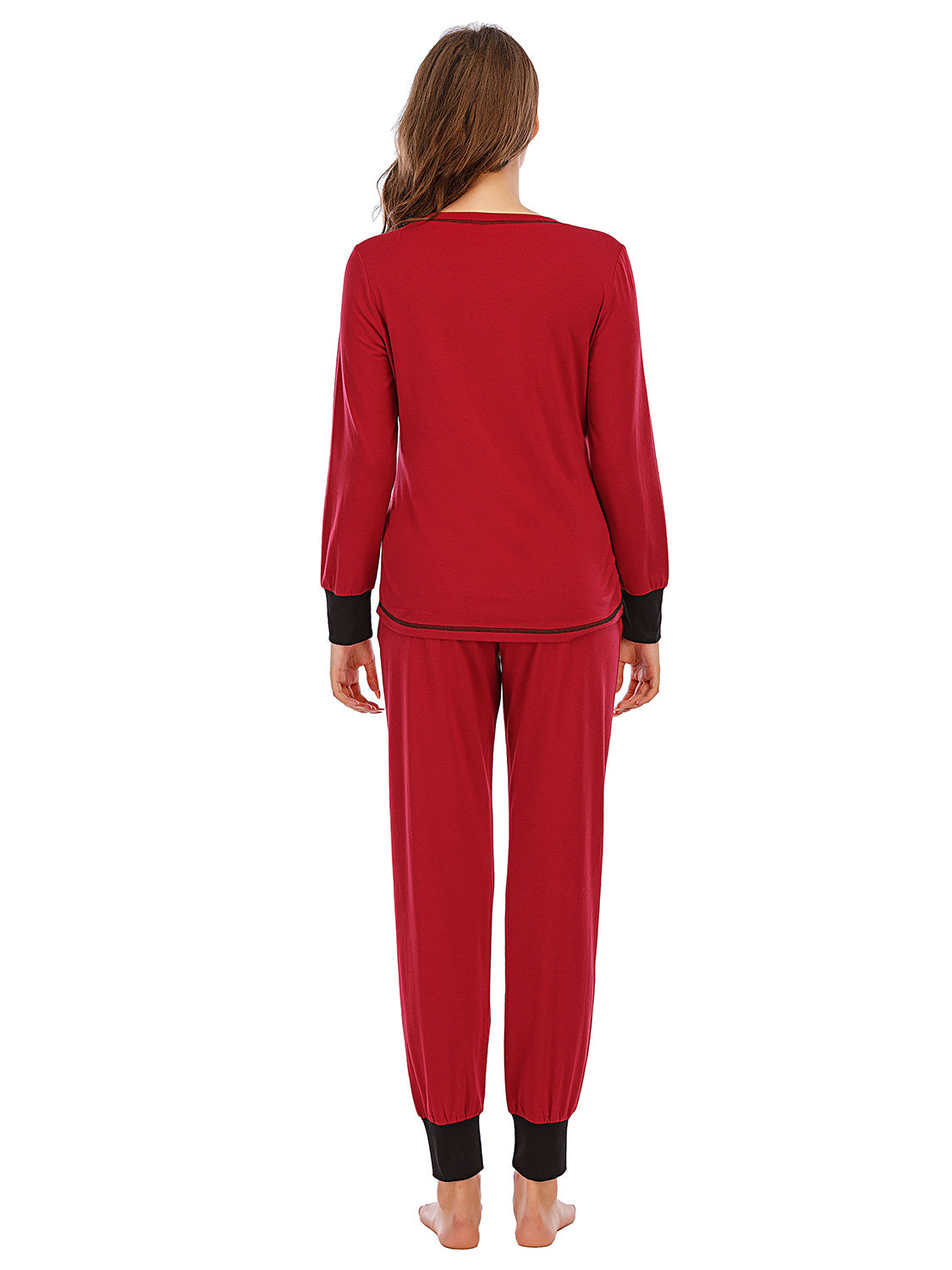 Loungewear set in Wine with black trim on cuffs and neckline.