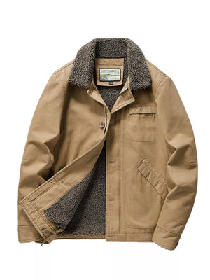 Khaki sherpa collar jacket with button-up front and chest pocket.