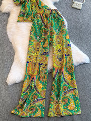 Green paisley print cami and wide-leg pant set with colorful patterns.