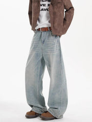 Washed cotton wide-leg men's jeans in light blue, featuring a relaxed fit and casual style.