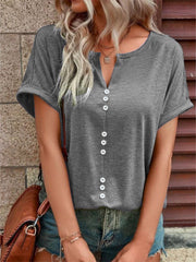 Grey short sleeve t-shirt with V-neck and decorative buttons