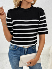 Black and white striped knit top with button shoulder detail and short sleeves.