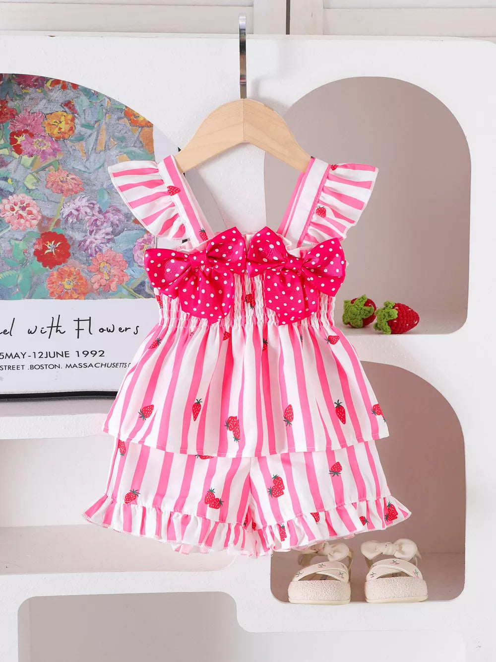 Children's Bow Ruffled Striped Top And Shorts Set in Pink, close-up detail