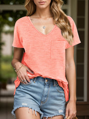 Relaxed fit watermelon pink v-neck tee with chest pocket and side slits.