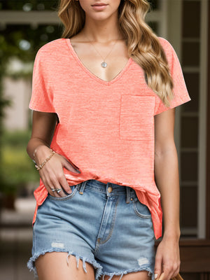 Relaxed fit watermelon pink v-neck tee with chest pocket and side slits.