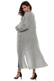 Longline knit cardigan in light gray with side slits and pockets