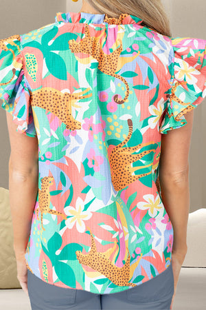 Jungle Cat Ruffle Sleeve Blouse in Neon Green with a bold tropical print and ruffled sleeves.