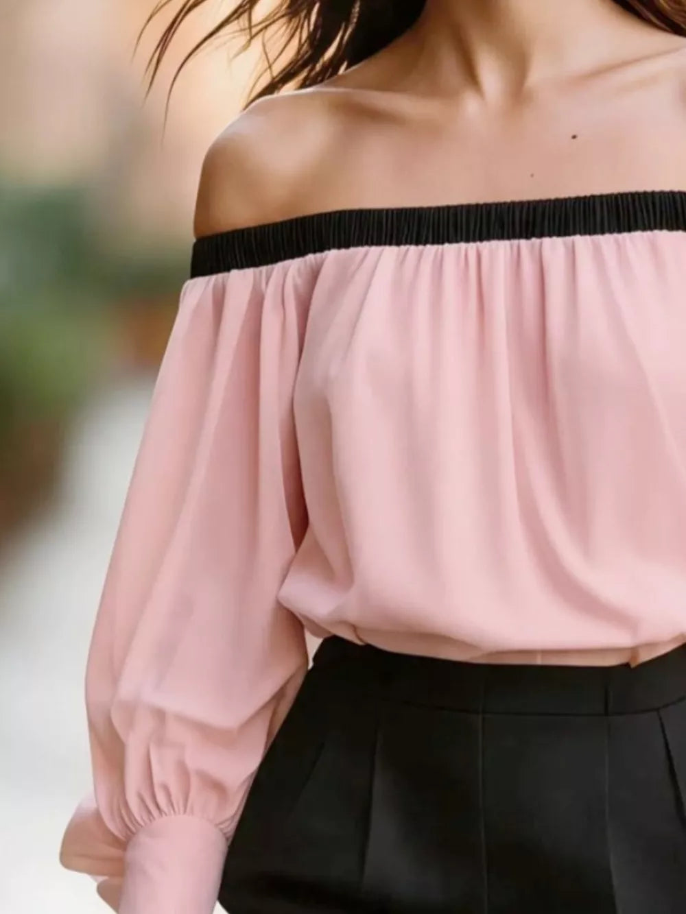 Off-shoulder Ruched Top in Black, model styling view