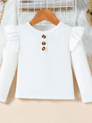 White ribbed long sleeve top with ruffle sleeves and button detail