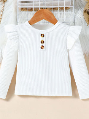 White ribbed long sleeve top with ruffle sleeves and button detail