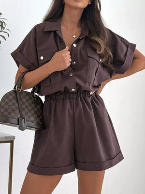 Button Front Short Sleeve Shirt And Shorts Set in Gum Leaf, back view