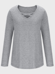 Light gray long sleeve t-shirt with crisscross lattice neckline detail