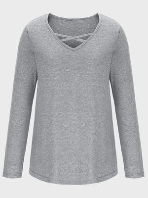Light gray long sleeve t-shirt with crisscross lattice neckline detail