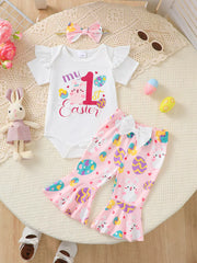 White Easter baby outfit with ruffled sleeves, bunny and egg print pants, and matching headband.