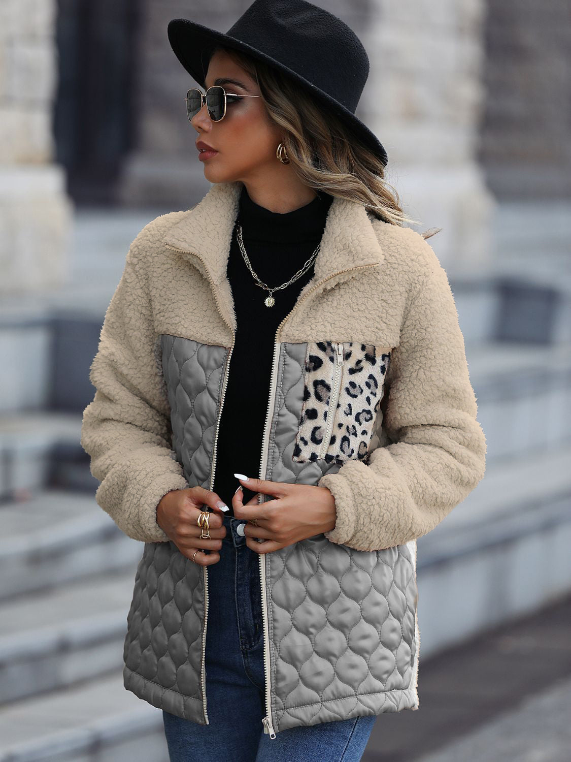 Teddy & quilted panel zip jacket in tan with grey and leopard print details.