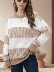 Nautical stripe knit crewneck sweater in tan and white, featuring a relaxed fit and cuffed sleeves.