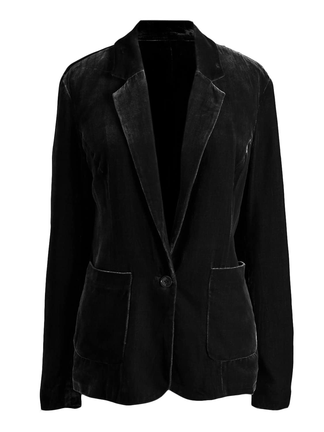 Black velvet blazer with single button closure and patch pockets