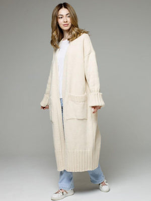 Cream oversized ribbed-trim maxi cardigan with pockets and cuffed sleeves.