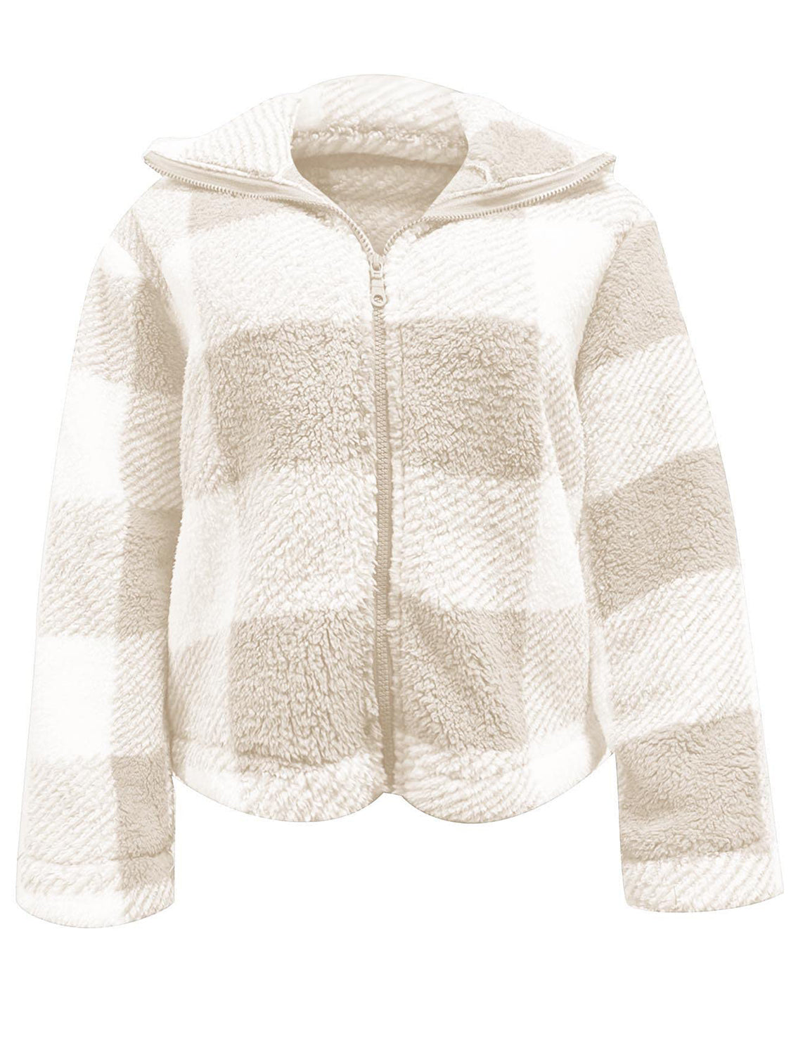 Fluffy plaid zip-up shacket in white and tan with a stand-up collar.