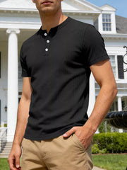 Black ribbed short sleeve henley t-shirt with button placket.