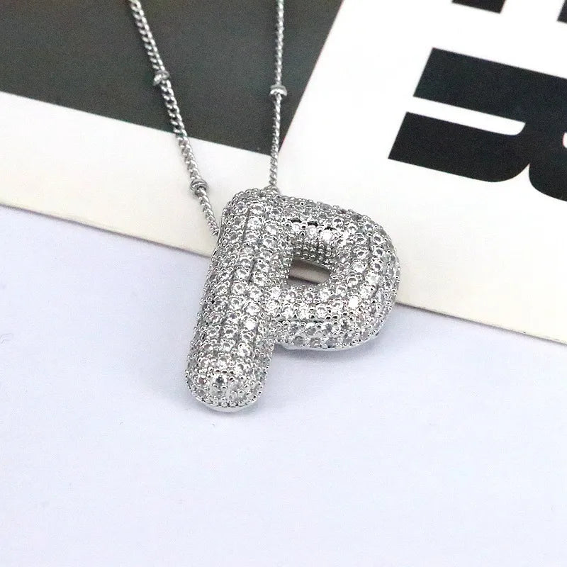 Pave initial pendant necklace with beaded chain, Style P