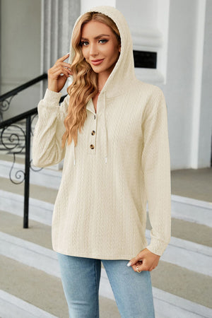 Textured knit henley hoodie in Tan with button placket and drawstring hood.