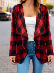 Red and black plaid drape front jacket with black trim, worn open over a white tank top and jeans.