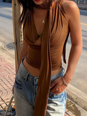 Brown cowl neck cami top with draped detail and tie accent