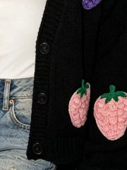 Full Size Fruit Applique Knit Cardigan in Black, side view