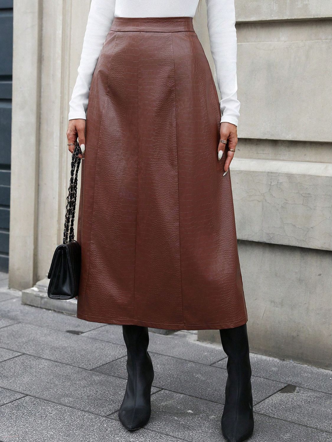 Brown croc-effect A-line midi skirt with a high waist.