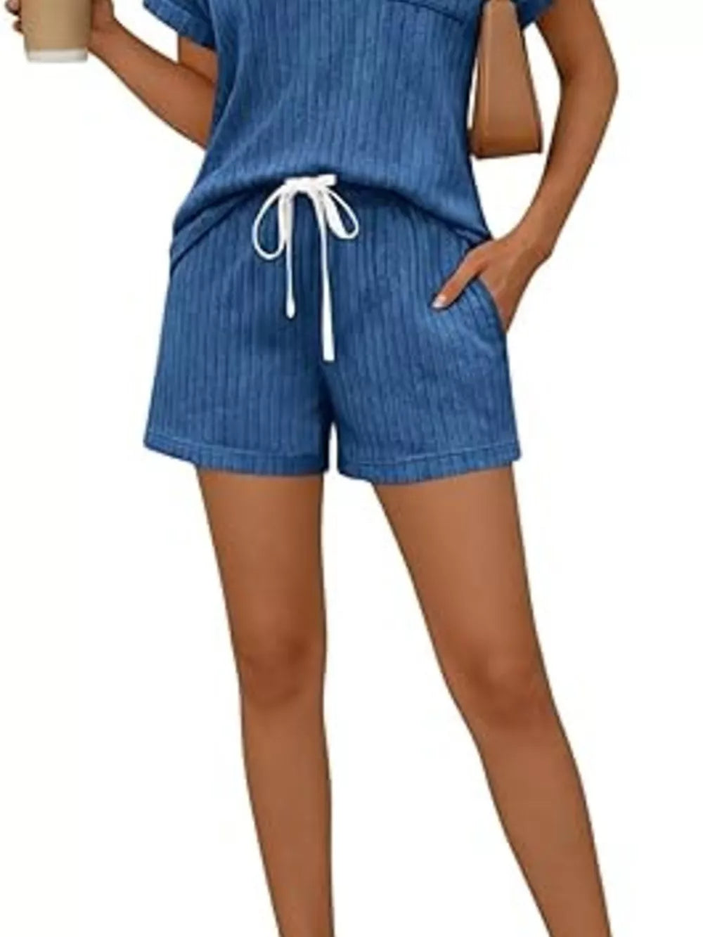 Blue ribbed knit loungewear shorts with drawstring waist and pockets.