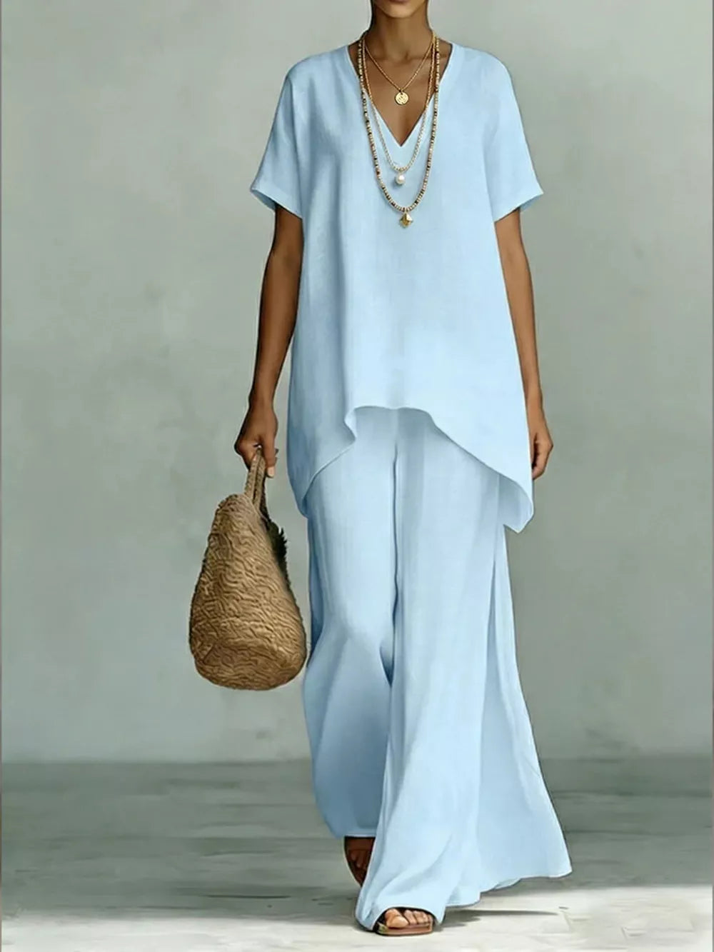 Effortless V-neck Top & Wide-leg Pant Set
