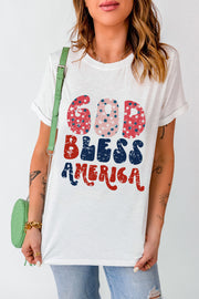 White graphic tee with distressed God Bless America text and star pattern