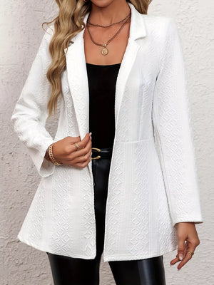 White textured slim fit open blazer with a subtle geometric pattern.