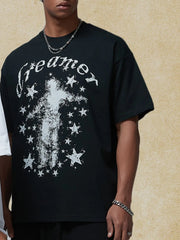Black graphic t-shirt with a distressed star and figure print and crew neck.