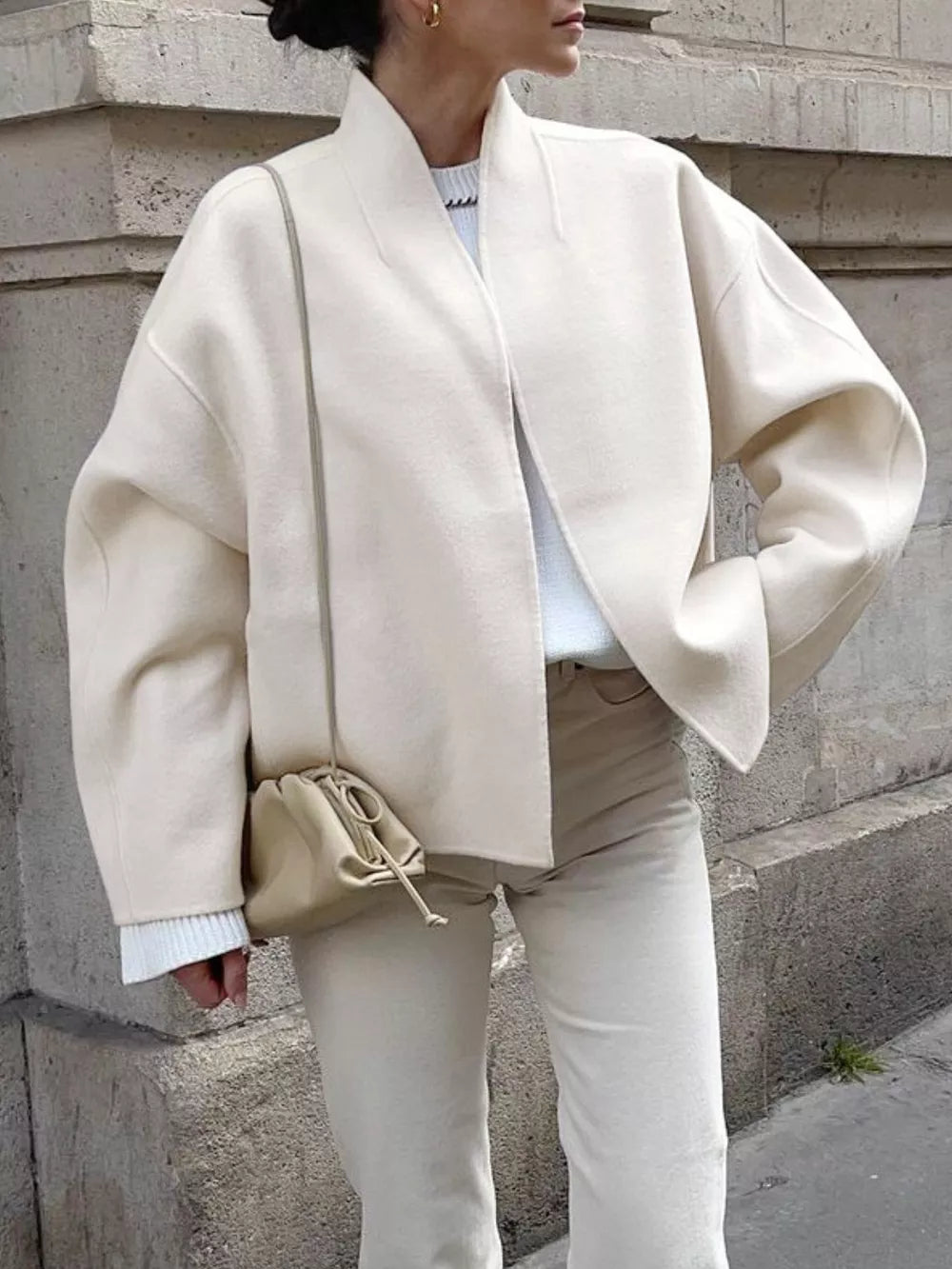 Elegant Stand Collar Open Front Outerwear in White, close-up detail