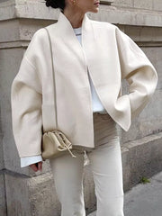 Elegant Stand Collar Open Front Outerwear in White, close-up detail