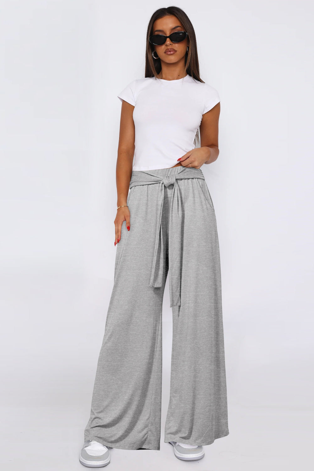 Light gray soft drape palazzo trousers with tie waist and wide leg