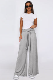 Light gray soft drape palazzo trousers with tie waist and wide leg