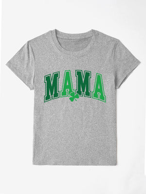 Gray graphic t-shirt with green "MAMA" text and shamrock detail.
