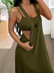 Army green scoop neck cami and maxi dress duo with a ribbed cami and flowing outer dress.