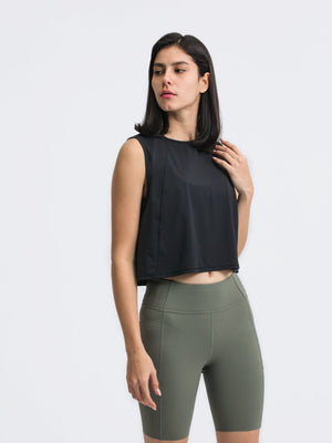 Black cropped active tank top with mesh inset back detail